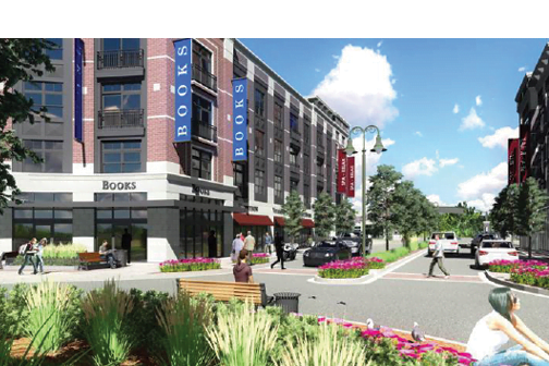 Centennial Village rendering shows one of the eventual 15 buildings on its 15 acres. Six of the buildings will be four stories high, with residential components on the top three floors.