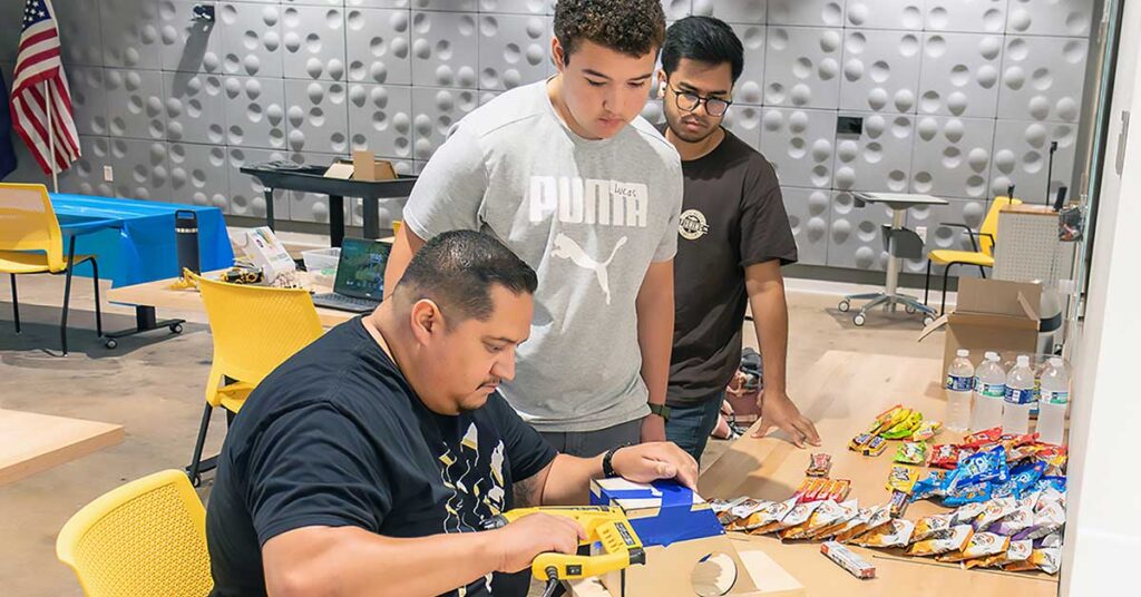 Patrons build a squirrel house at the La Porte County Public Library.