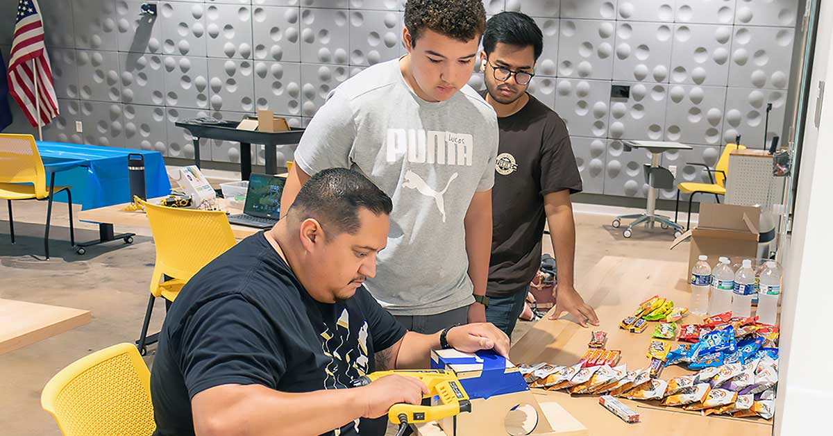 Patrons build a squirrel house at the La Porte County Public Library.