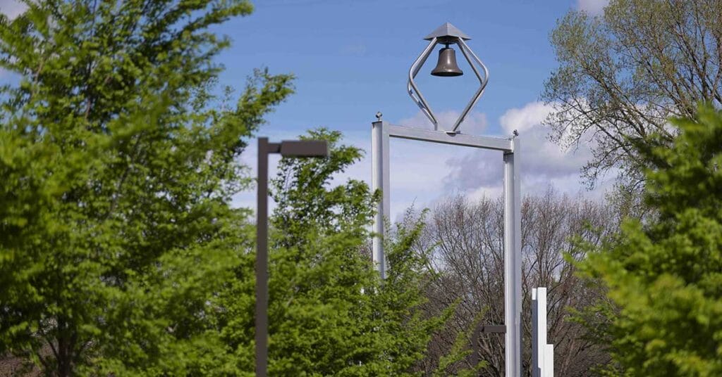 Purdue University Northwest bell tower landmark between Lawshe Hall, Student Union Library Building and Nils Bioscience Building.