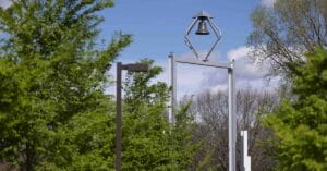 Purdue University Northwest bell tower landmark between Lawshe Hall, Student Union Library Building and Nils Bioscience Building.